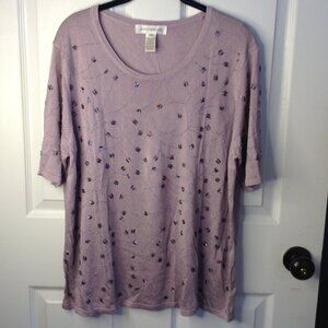 Jones NY 2X Short Sleeve Lavender Rayon Sweater Easter Parade Embellished Thread